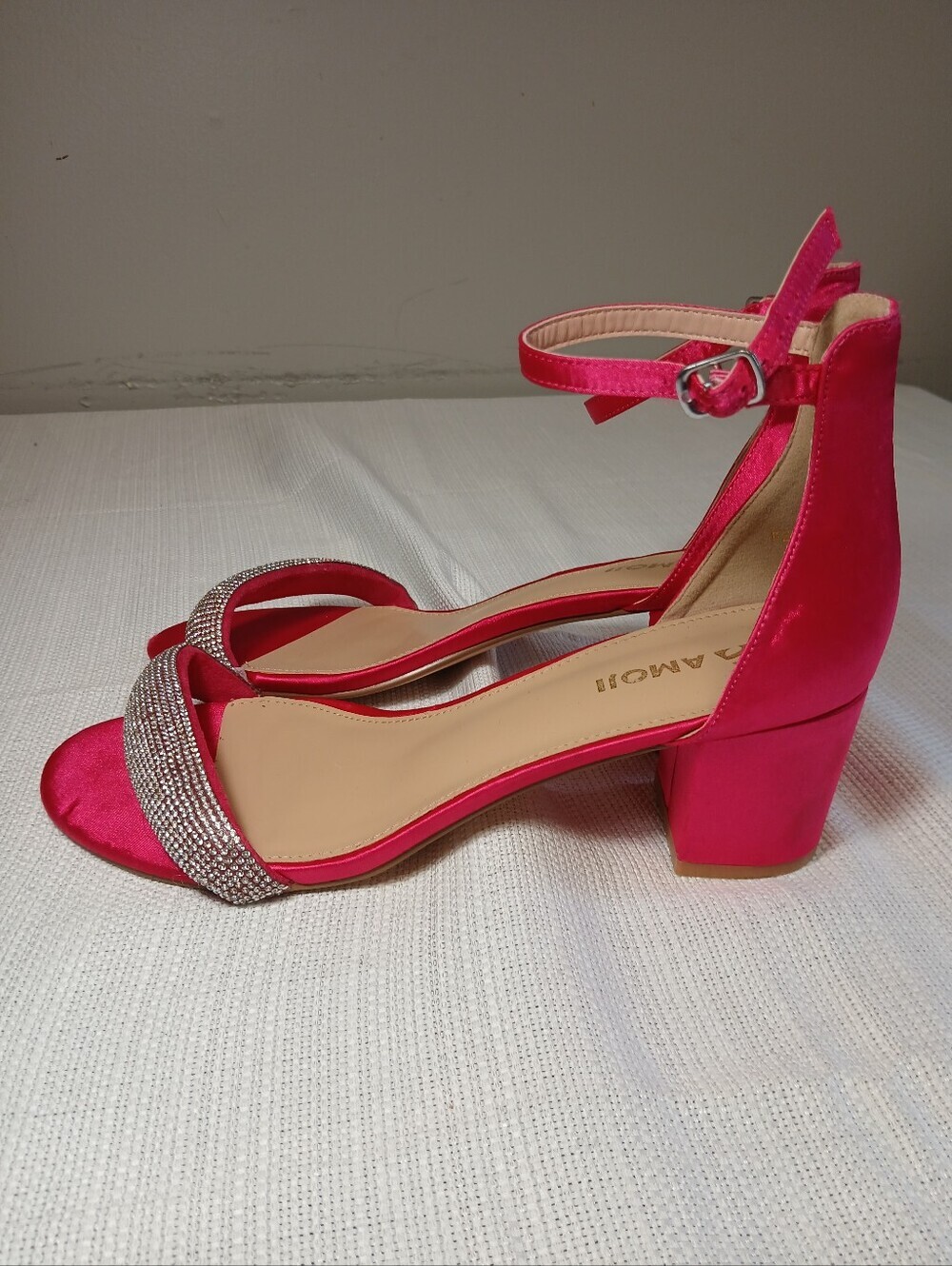 Hot Pink Satin Ankle-Strap Block Heels with Crystal Toe Band